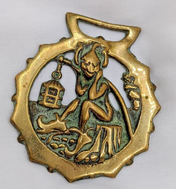 Brass Horse Medallion Vintage English Pixie Leprechaun Lantern Stump Show Parade