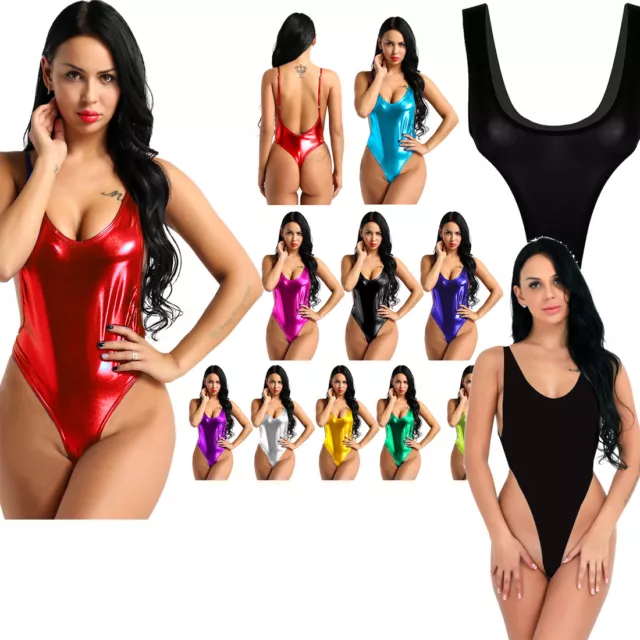 Women's Leather High Cut Backless See-through Leotard Bodysuit Jumpsuit Babydoll