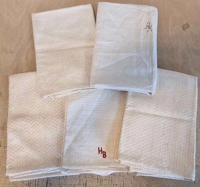 5 schöne alte Leinen Handtücher Durchgewebt Struktur Webstreifen - Konvolut