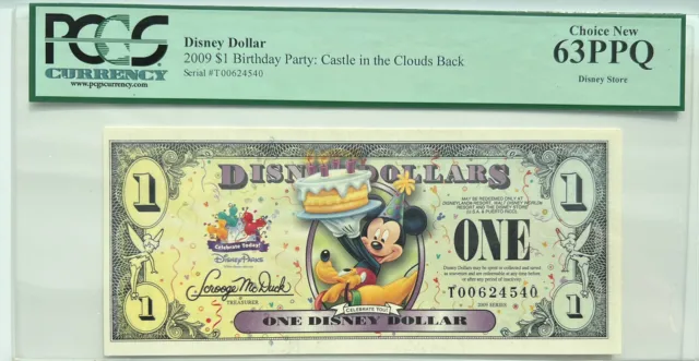 2009 DISNEY DOLLAR $1 BIRTHDAY PARTY Castle Dis Store #T00624540 PCGS 63PPQ 4E