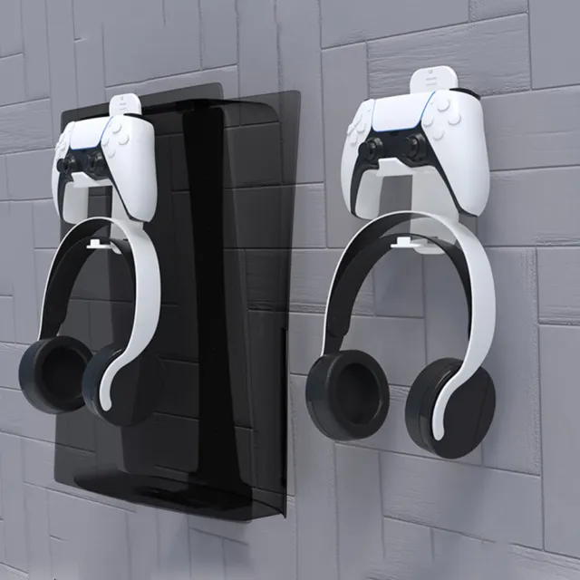 For PS5 Slim Host Wall Mount Bracket with Controller Headset Hook Display Holder