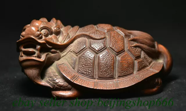 3.6" Chinese Boxwood Wood Carving Fengshui God Beast Dragon Turtle Statue