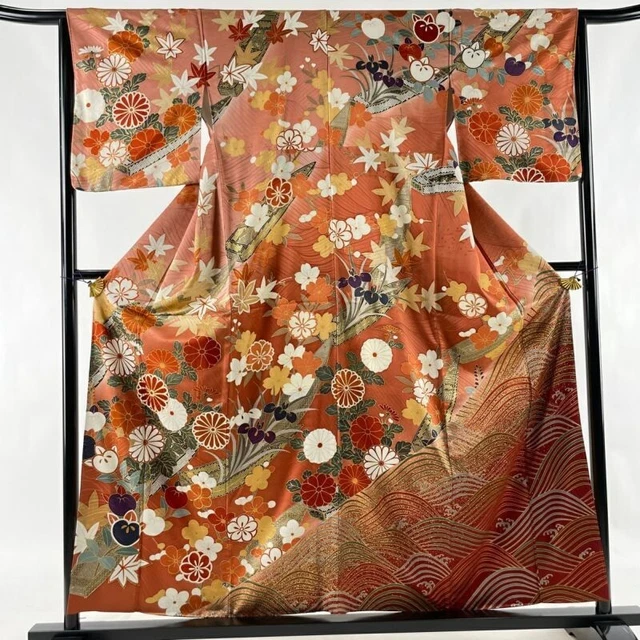 Woman Japanese Kimono Houmongi Silk Flower Chrysanthemum Boat Gold Foil Red