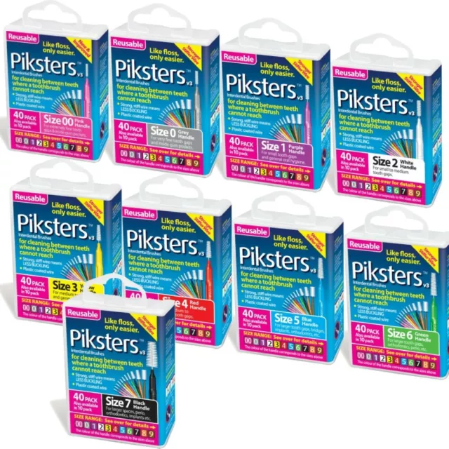 Piksters Interdental Brushes v3 40 Pack - Sizes 00 to 7 Reusable Easier Flossing