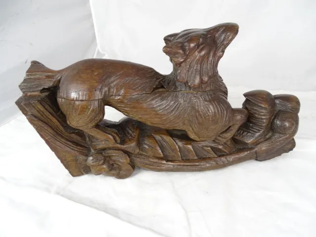 French Antique Large Carved Oak Wood Hunt Theme Sculpture Wild Fox Black Forest 3