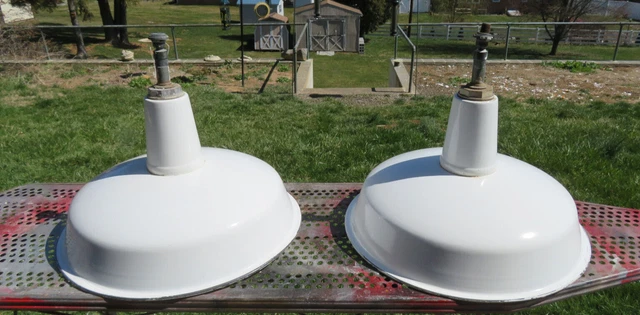 2  Vintage 16"  White Porcelain Enamel Light Shade Barn Gas Station Industrial
