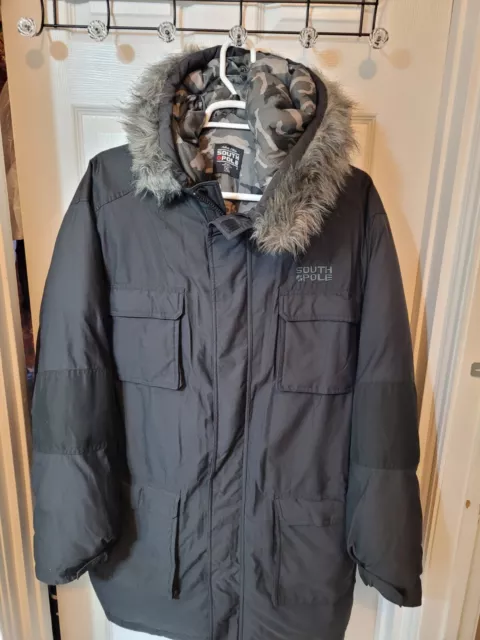 SOUTHPOLE - Mens XL Black Heavy Warm Insulated Winter Coat Parka Fur Lined Hood