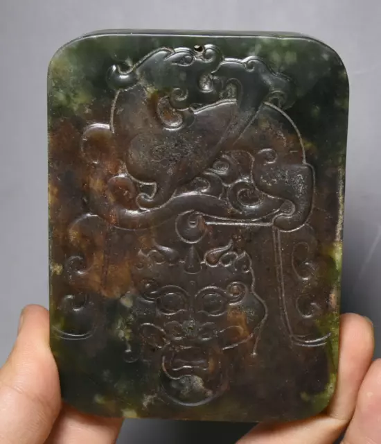 10CM Old Natural Hetian Jade Hard material Pixiu Beast Face Token Amulet Pendant