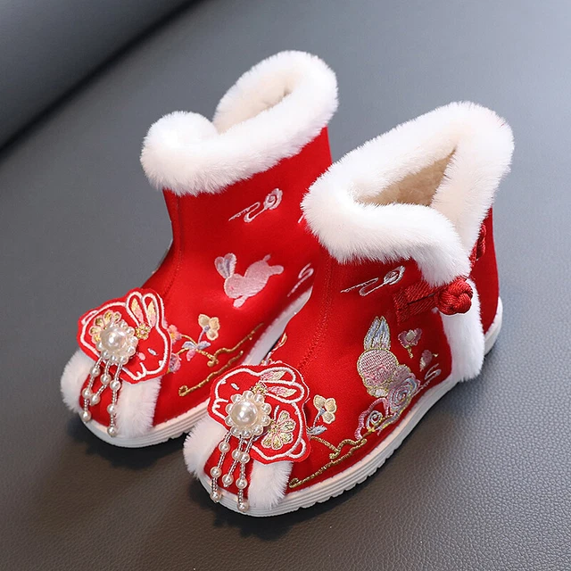 Bambine Fodera Pile Stivali Scarpe Perline Nappa Simil Pelo Ricamato Floreale
