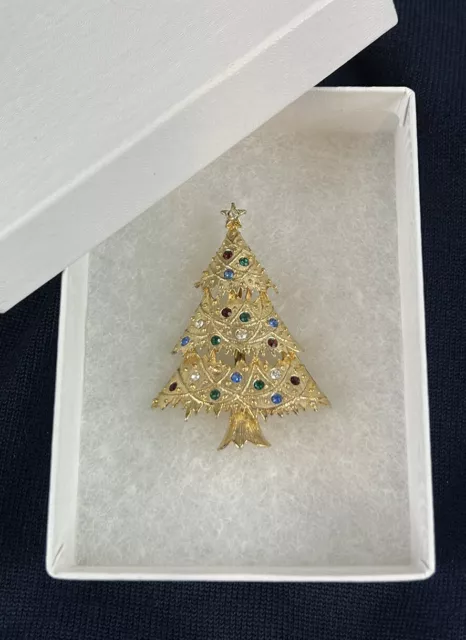 Signed Eisenberg Ice Designer Christmas Tree Brooch Multi Color Rhinestones VTG 2