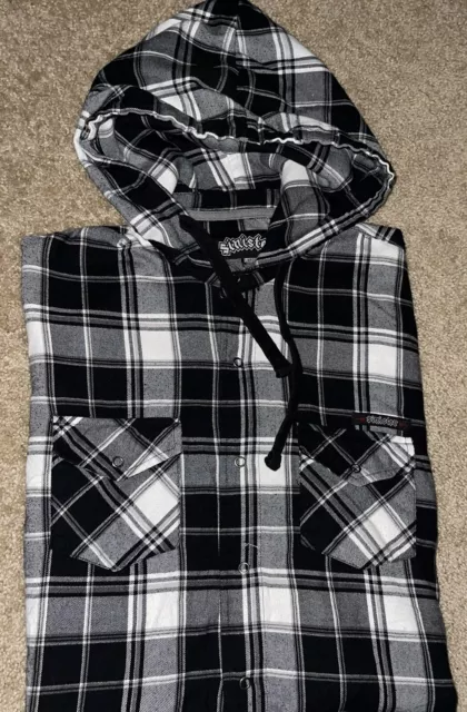 Mens Sinister Long Sleeve Plaid Hooded Flannel Shirt Size Large - EUC