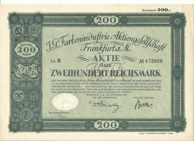 Händler Top Lot! 100 IG Farben AG Gründeraktien von 1925, Nennwert 200 RM