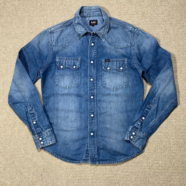 LEE DENIM SHIRT Mens Small Slim Fit Blue Sawtooth Pearl Snap