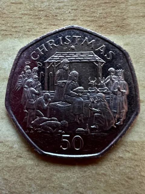 1991 Isle of Man 50p Coin ✨ Christmas Nativity Play Scene ✨ Pobjoy Mint ✨ 30mm ✨