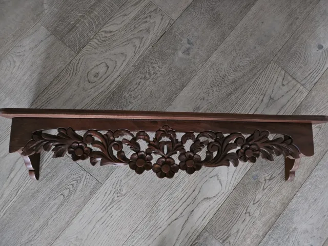 VTG Large Hand Carved Flowers Wood Shelf W/Plate Grooves