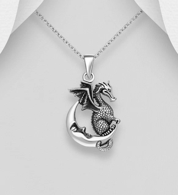 Unisex Pendant Hallmark 925 Sterling Silver Dragon Moon Symbol Power and Magic