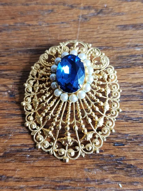 VTG 1930's Women's Filigree Oval Faux Pearls/Sapphire Brooch Gold Tone Victorian