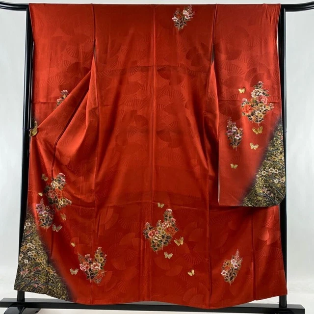 Woman Japanese Kimono Furisode Silk Flower Butterfly Gold Foil Blur Red
