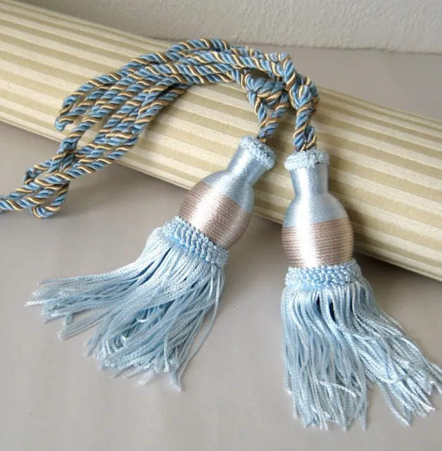 Set of 2 Drapery Tie Backs with Tassels 20" Blue Gold Rope Curtain Ties