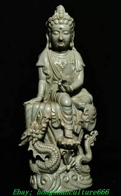 17.3" Old Song Dynasty Ru Kiln Porcelain Dragon Kwan-yin Guan Yin Buddha statue