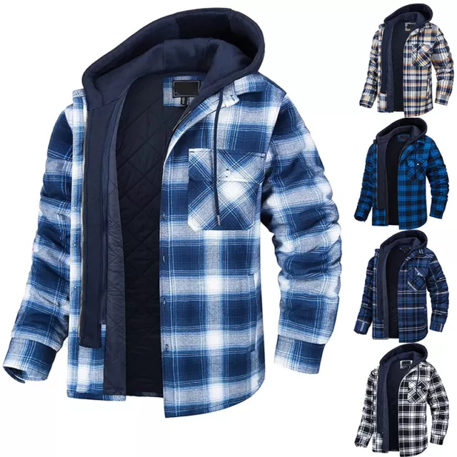 MEN'S PLAID FLANNEL Shirt Jacket Fully Quilted Lined 5 Pocket Warm Zip ...