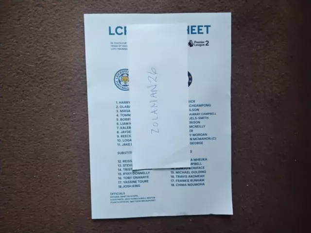 2023/2024 FA YOUTH CUP LEICESTER CITY U18s v CHELSEA U18s OFFICIAL TEAMSHEET