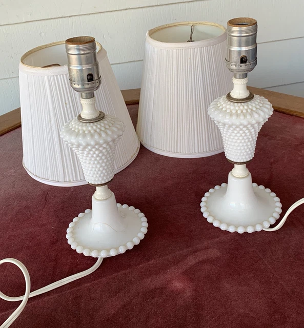 Vintage Farmhouse White Milk Glass Hobnail Table Lamp 10” Works Pair 2