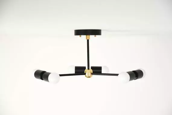 Chandelier Black & Brass Mid Century Industrial Modern 3 Arm 6 Light Sputnik