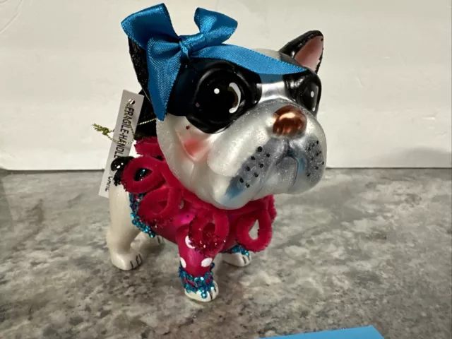 Robert Stanley Boston Terrier Pink Party Dog Blown Glass Christmas Ornament Rare