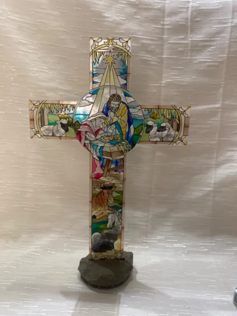 Amia Stained Glass Nativity Cross w/stand 12.75” T 8”W
