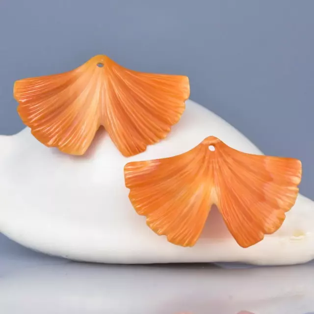 Apricot Trumpet Shell Carving Ginkgo Leaf Earring Pair Handmade 5.33 g