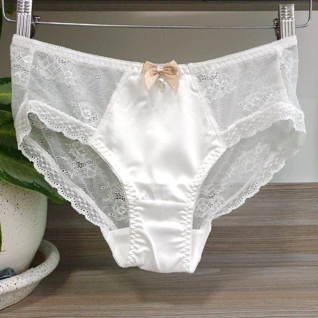 VINTAGE WHITE SATIN Panties Pearl Bikini See Through Nylon Lace Sz. 7