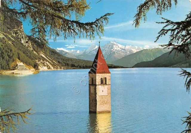 Cartolina Venosta Alta Campanile della Curon allagata  (Bolzano)