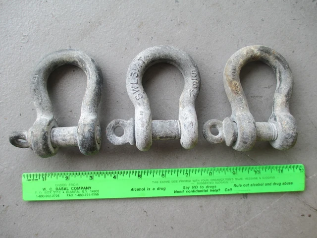 3 vintage 5/8" screw pin clevis SWL 3 1/4 T shackles, each weighing 1 lb. 6 oz.