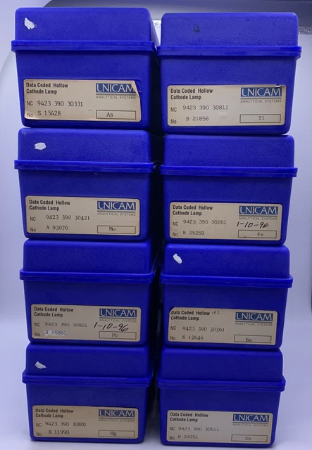 UNICAM Hollow Cathode Lamps Lot of 8 As Mo Al Pb  Hg Tl Fe Ba Sb-Untested As Is