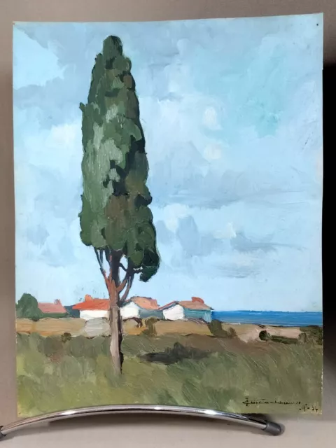 Peinture à lhuile d'un paysage bord de mer et hameau de Campagne. Signé. 1934