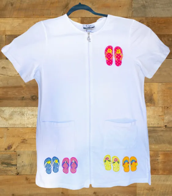 Beachwear CZ Cover Up White Robe Full Zip Flip Flop Design Women's Size Small