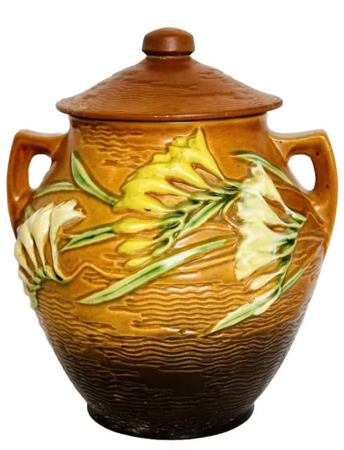 VTG Roseville Freesia Brown 1940s FLORAL Art Pottery Ceramic Cookie Jar USA 5-8”