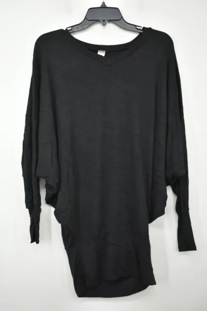 Go Couture Womens Black Solid V Neck Tunic Sweater Dress Long Dolman Sleeves S