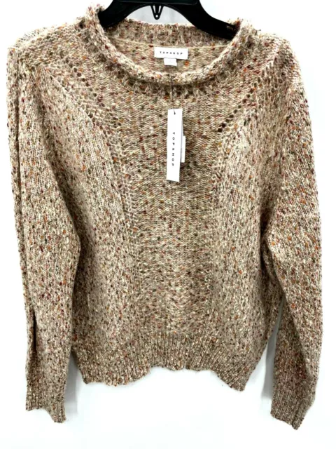 Topshop Sweater Womens 12 Tan Marl Rolled Neck Boho Pointelle Pullover NWT