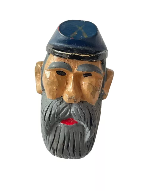 Vintage Civil War Soldier Chalkware Bust Figurine Head Beard Man Ring Folk Art