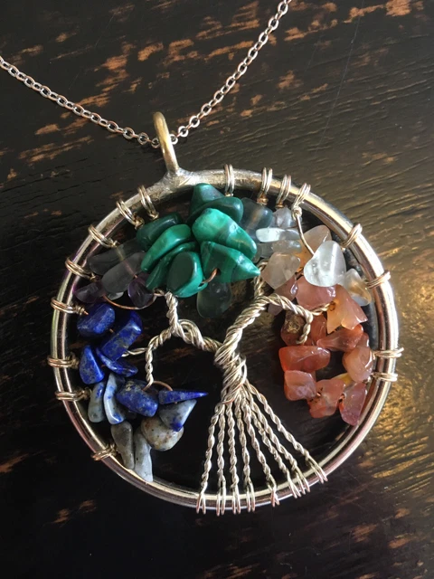 Pendant Necklace Natural Gemstone Tree of Life 7 Chakra Healing Crystal Charm