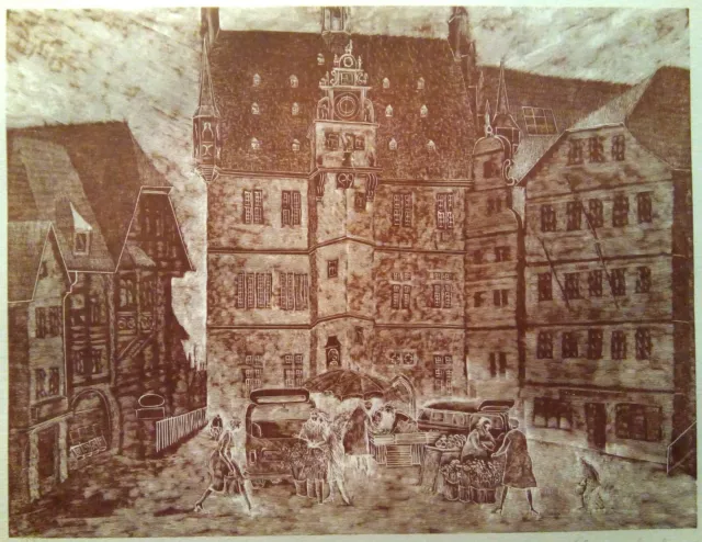 Holzstich Original RATHAUS MARBURG MARKT von Robert Schanzenbacher