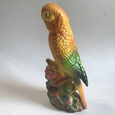 Parakeet Figurine on Branch Green Budgie Ceramic Porcelain 8” Vintage ,
