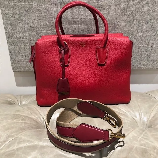 Authentic MCM Milla Medium Red Leather Tote w / Strap