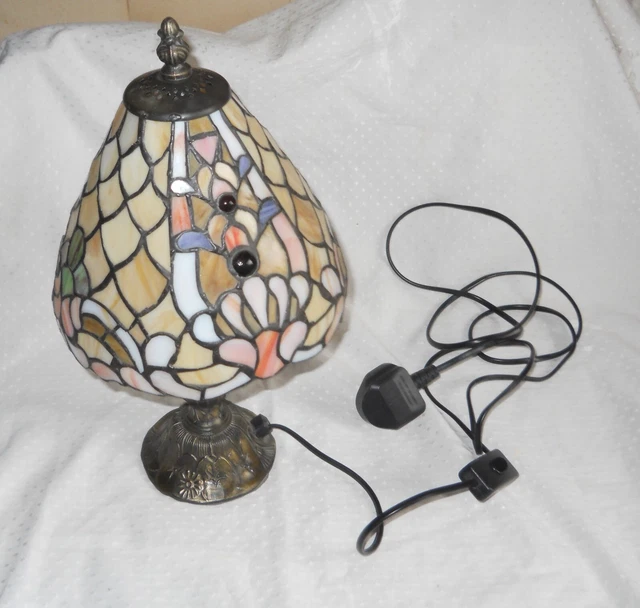 Deco Tiffany Style Table Lamp Blue and Peach Stained Glass Beaded Trunk Base
