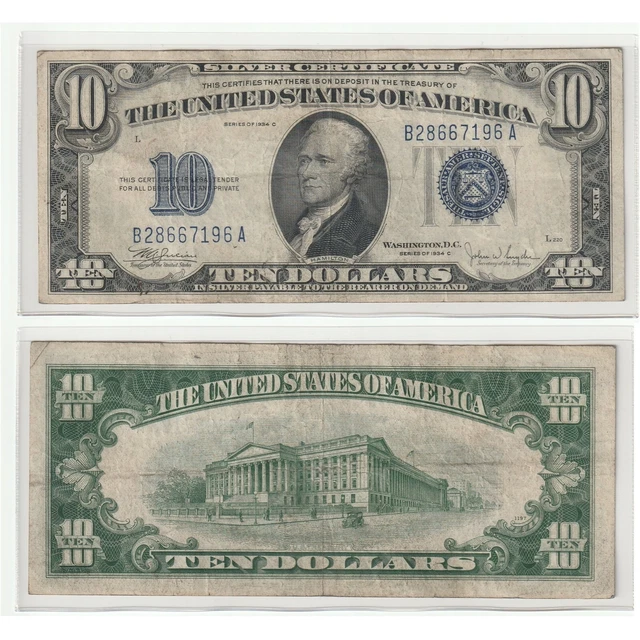 Rare 1934 $10 Ten Dollar United States Silver Certificate Blue Seal Bill