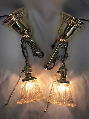 Antique Vtg Victorian Deco Brass Pendant Lights PAIR Hanging Chain, Glass Shades