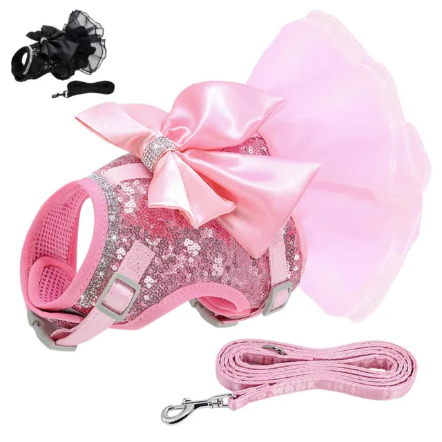 Bow tie Dog Cat Harness and Lead Set Adjustable Lace Pet Puppy Dress Vest Pink
