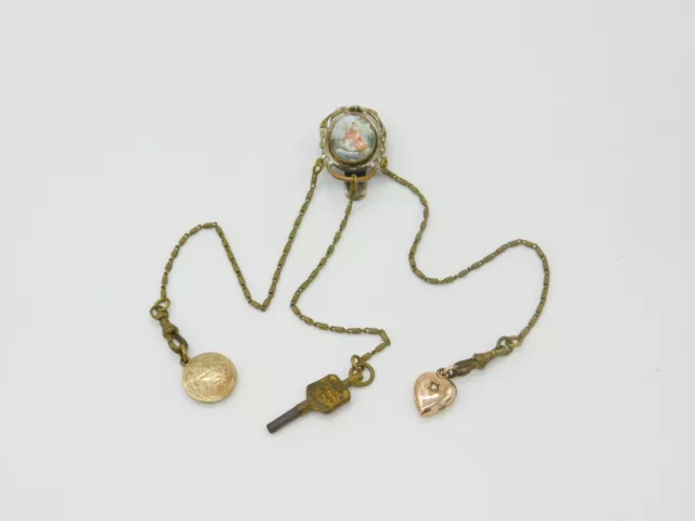 19th Century French Gilt Metal & Porcelain Chatelaine with Key, Charm & Locket